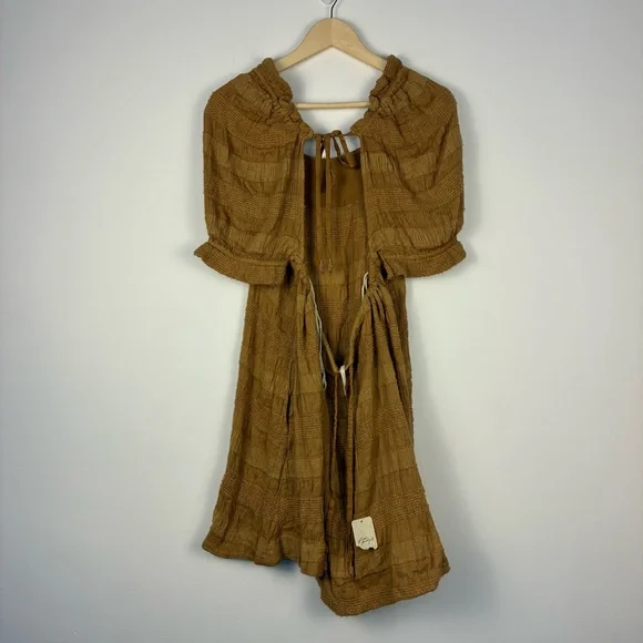 NEW Free People tan wheat babydoll dress size M puff sleeves open back - Picture 4 of 8